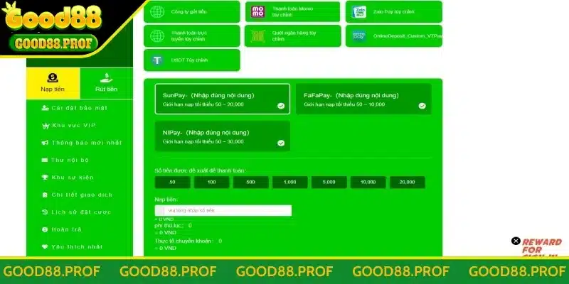 Hướng dẫn thao tác nạp tiền Good88 bằng nhiều phương thức